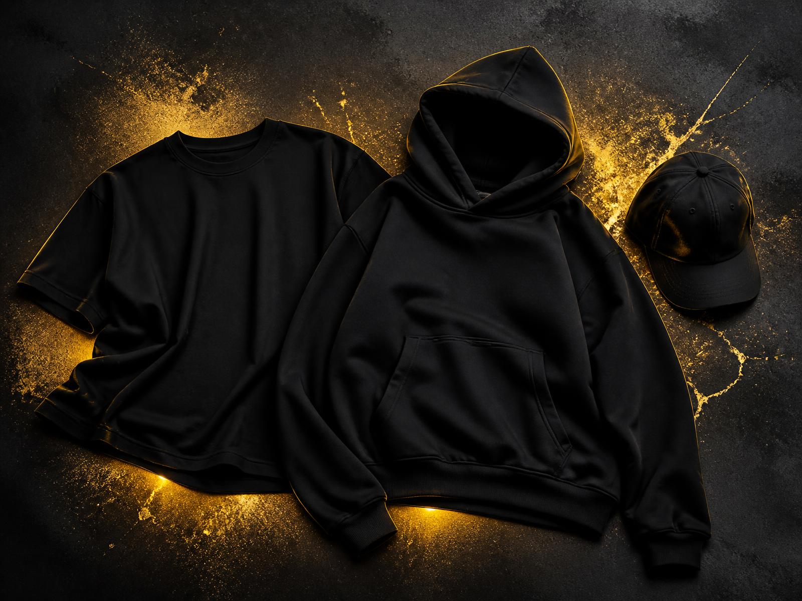 Custom printed black t-shirt, hoodie and cap
